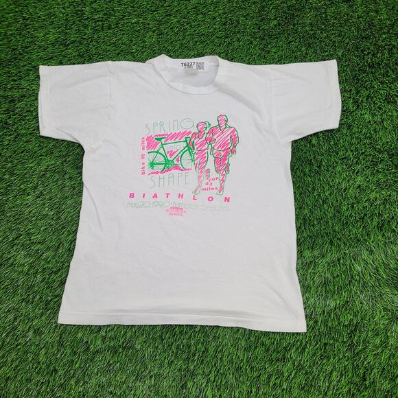 Vintage 90s Hampton Beach Bike Run Marathon Shirt XS/S 18x23 Byathlon Biathlon - Picture 1 of 13